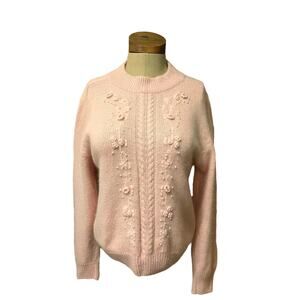 Bramble‎ Lane M Silk Angora Lambswool Faux Pearls Pink Granny Sweater Cable VTG